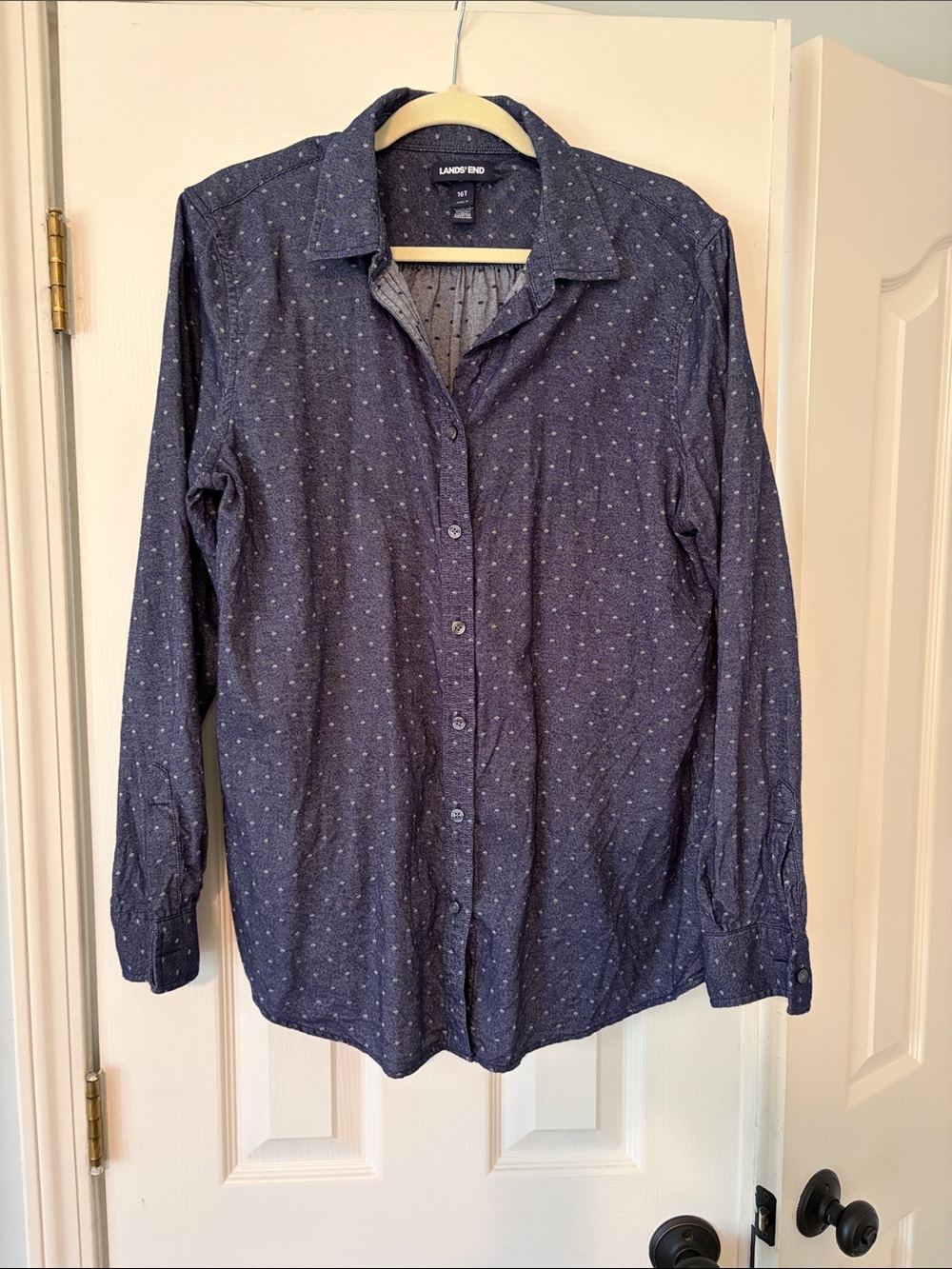 Lands' End Women’s Chambray Dot-Print Button-Down Shirt, 16 TALL